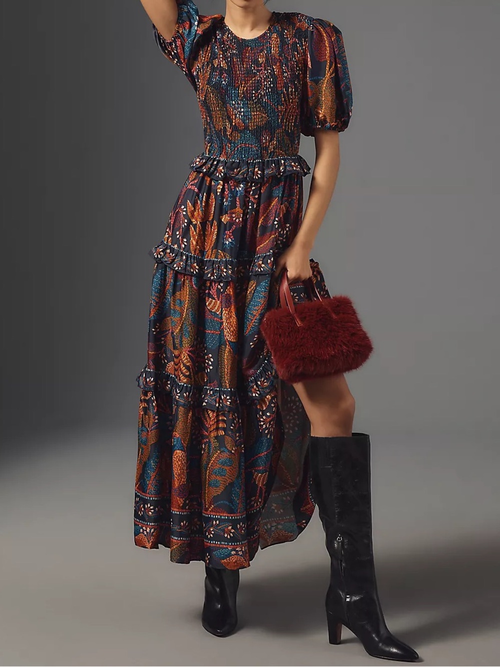 Farm Rio Short-Sleeve Crew-Neck Tiered A-Line Maxi Dress Size M